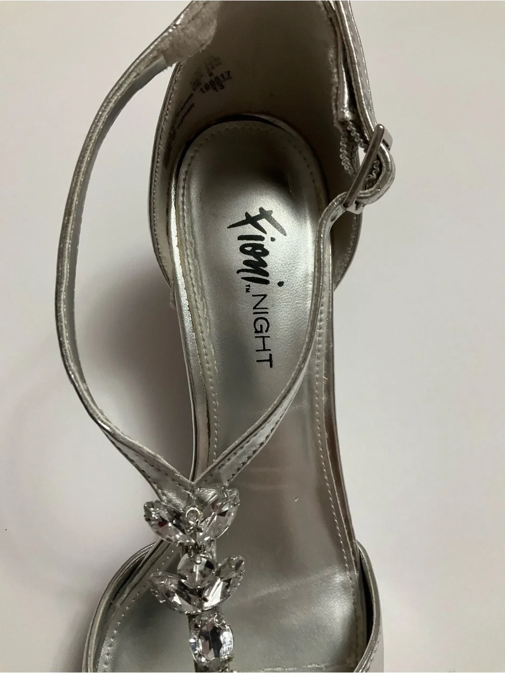 FIONI Night Silver Metallic Peep-Toe Slingback Heels with Crystal Accents